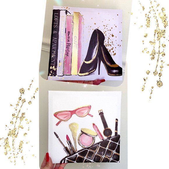Set of Two Canvases Decor Chic Glam Designer Boss Fashion Gold Metallic - Picture 1 of 7